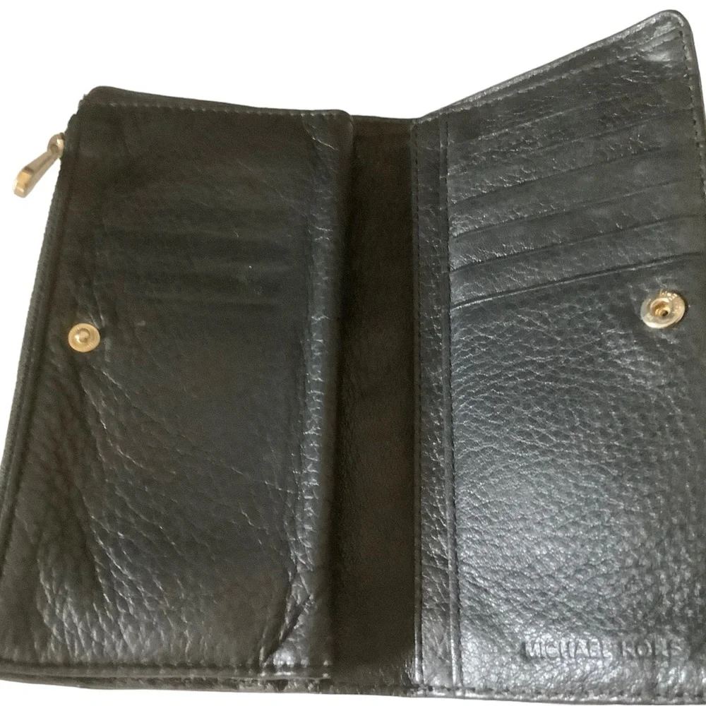 Michael Kors black pebbled leather checkbook wallet zipper pocket metal logo
